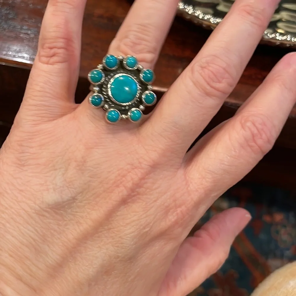 Turquoise Native American Ring Sz 7 Stamped Sterling Silver Boho Rodeo Festival - Picture 5 of 5